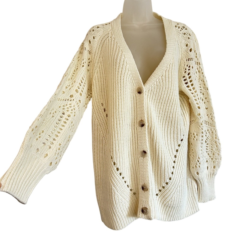 Pink Lily Cardigan Sweater Ivory Size S Oversized Cottage Cozy Buttons Open Knit